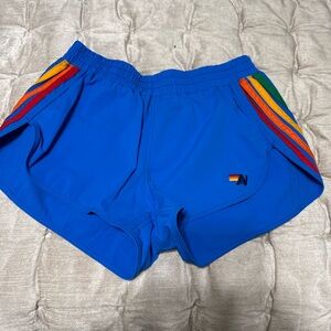 Aviator Nation Blue Athletic Shorts with Rainbow Stripes